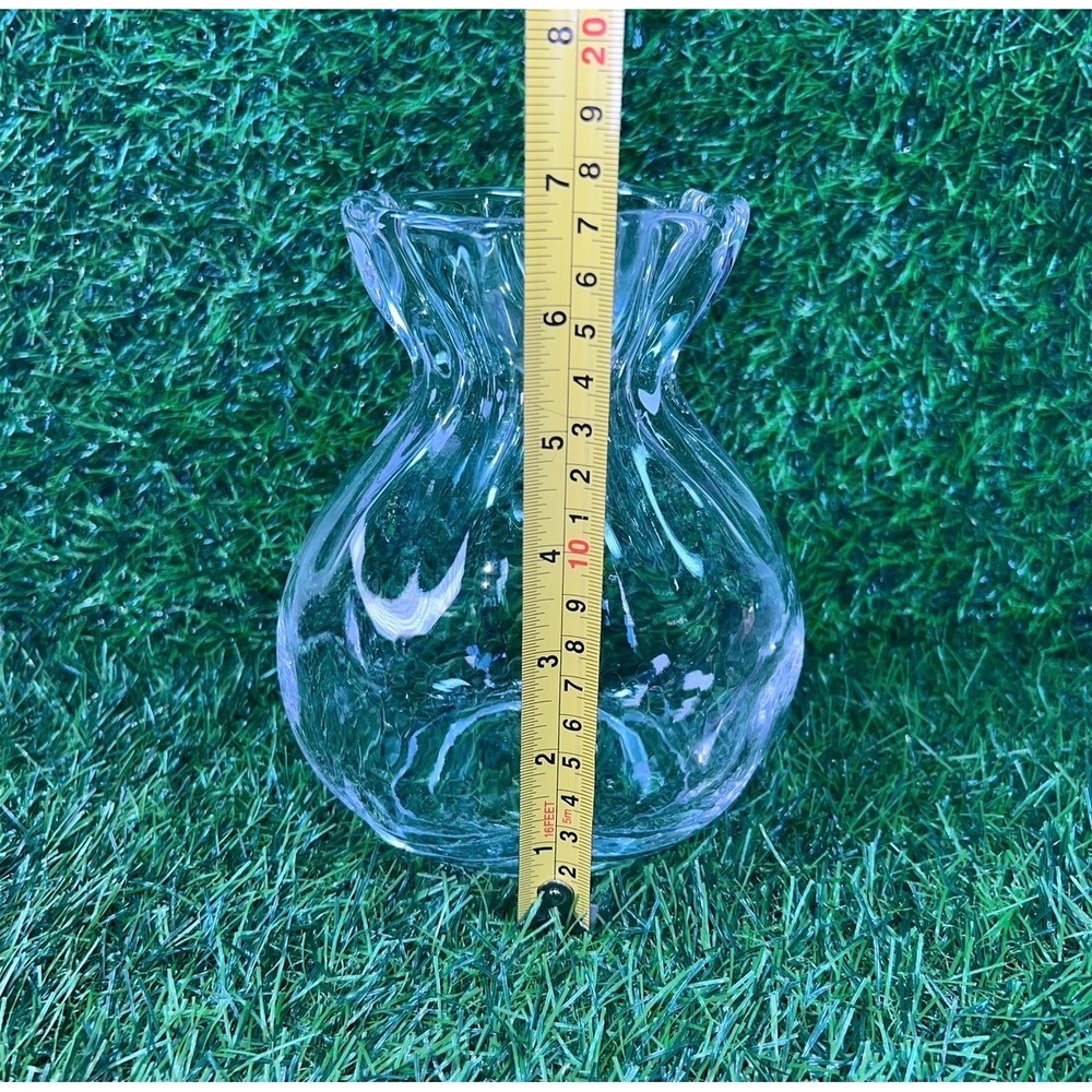 Clear Glass Drawstring Bag Pouch Vase Ruffled Rim Ribbed Texture 7in - Picture 11 of 14